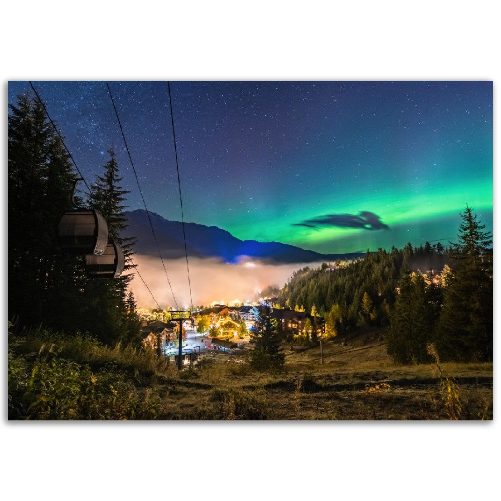 Aurora Borealis - Northern Lights Over Whistler Creekside Village and Gondola - Aluminium Photo Print, British Columbia, Canada
