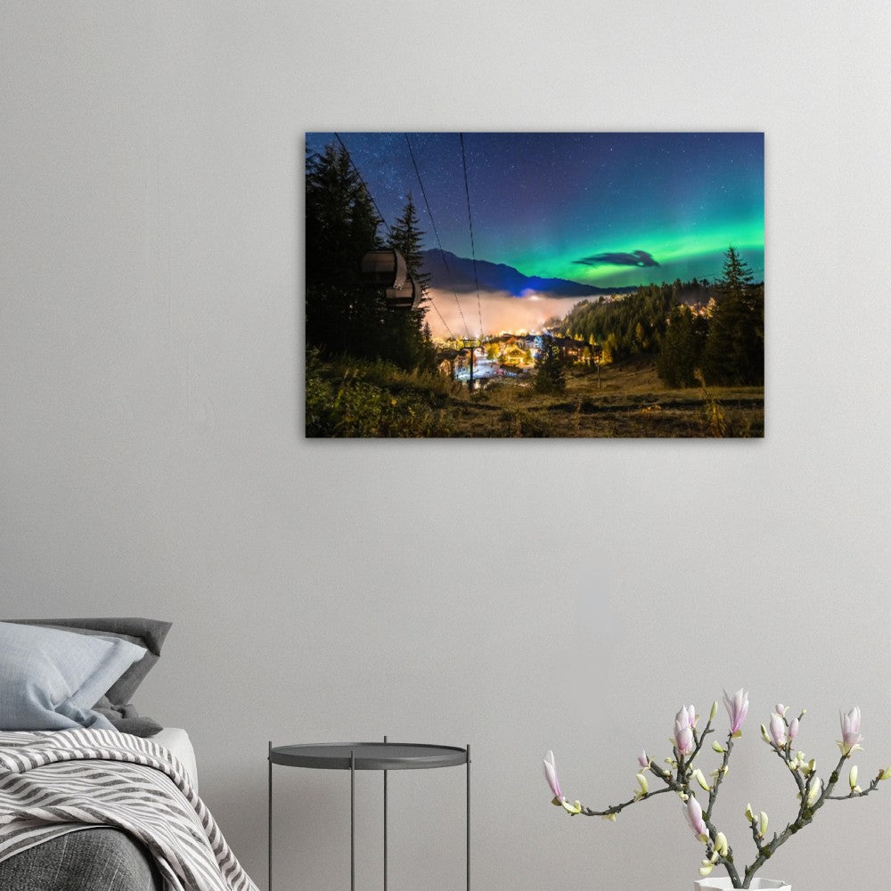 Aurora Borealis - Northern Lights Over Whistler Creekside Village and Gondola - Aluminium Photo Print, British Columbia, Canada